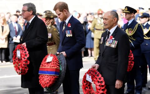 Prince Harry attends the Anzac Day commemorations at the Cenotaph in Westminster, London - Credit: Toby Melville/Reuters