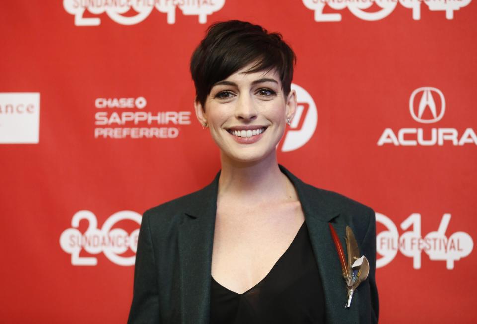 Cast member Anne Hathaway poses at the premiere of the film "Song One" during the 2014 Sundance Film Festival, on Monday, Jan. 20, 2014, in Park City, Utah. (Photo by Danny Moloshok/Invision/AP)