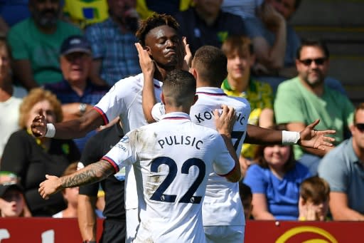 Chelsea striker Tammy Abraham celebrates with team-mates during their win at Norwich