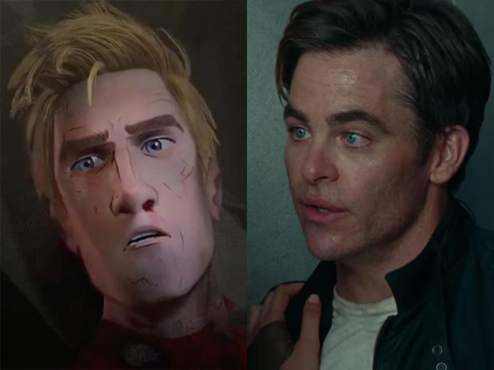 On the left: Peter Parker, voiced by Chris Pine, in "Spider-Man: Into the Spider-Verse." On the right: Chris Pine as Steve Trevor in "Wonder Woman 1984."