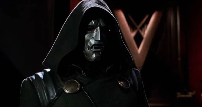 Doctor Doom with a giant V on the wall behind him in "Fantastic Four"