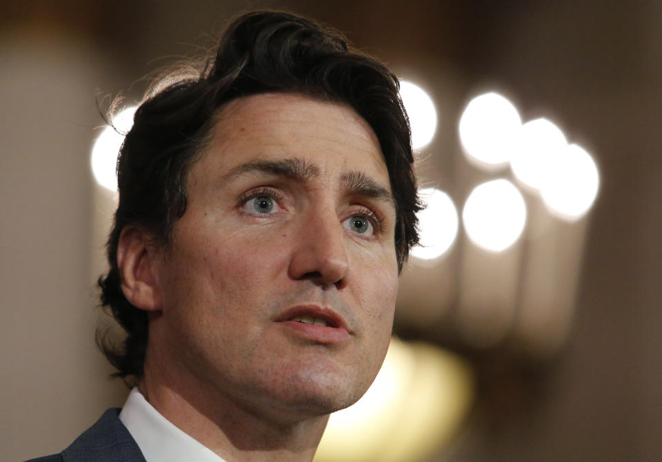 Canada's Prime Minister Justin Trudeau announces new gun control legislation in Ottawa, Ontario, on Monday, May 30, 2022. (Patrick Doyle/The Canadian Press via AP)