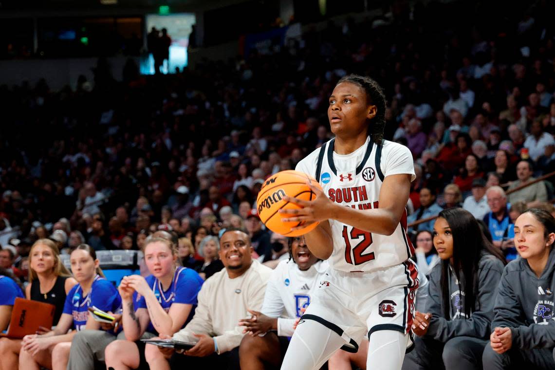 South Carolina’s MaLaysia Fulwiley (12) shoots lines up a three-pointer against Presbyterian in the first round of the NCAA Tournament at the Colonial Life Arena in Columbia, SC, on Friday, Mar. 22, 2024 Tracy Glantz/tglantz@thestate.com