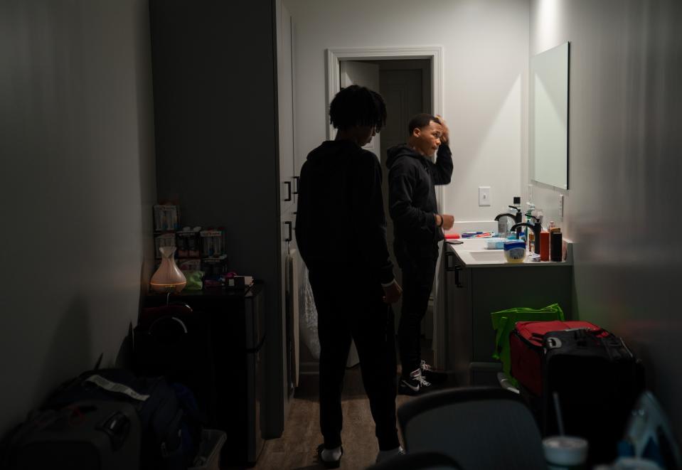 Freshmen students Nick Okubazgi, left, and Brandon Nashe share one of the new container homes, or micro-apartments, at Fisk University Wednesday evening, Aug. 9, 2023.