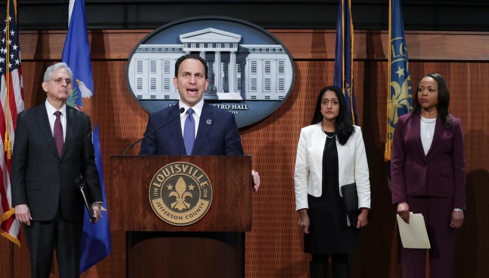 Louisville Mayor Craig Greenberg made remarks as he was joined by U.S. Attorney General Merrick Garland, left, and Assistant Attorneys General Vanita Gupta and Kristen Clarke, right, as they announced the findings of a sweeping investigation of the Louisville Metro Police Department at Metro Hall in Louisville, Ky. on Mar. 8, 2023.