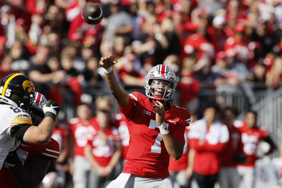 Ohio State quarterback C.J. Stroud throws a pass against Iowa during the second half of an NCAA college football game Saturday, Oct. 22, 2022, in Columbus, Ohio. (AP Photo/Jay LaPrete)