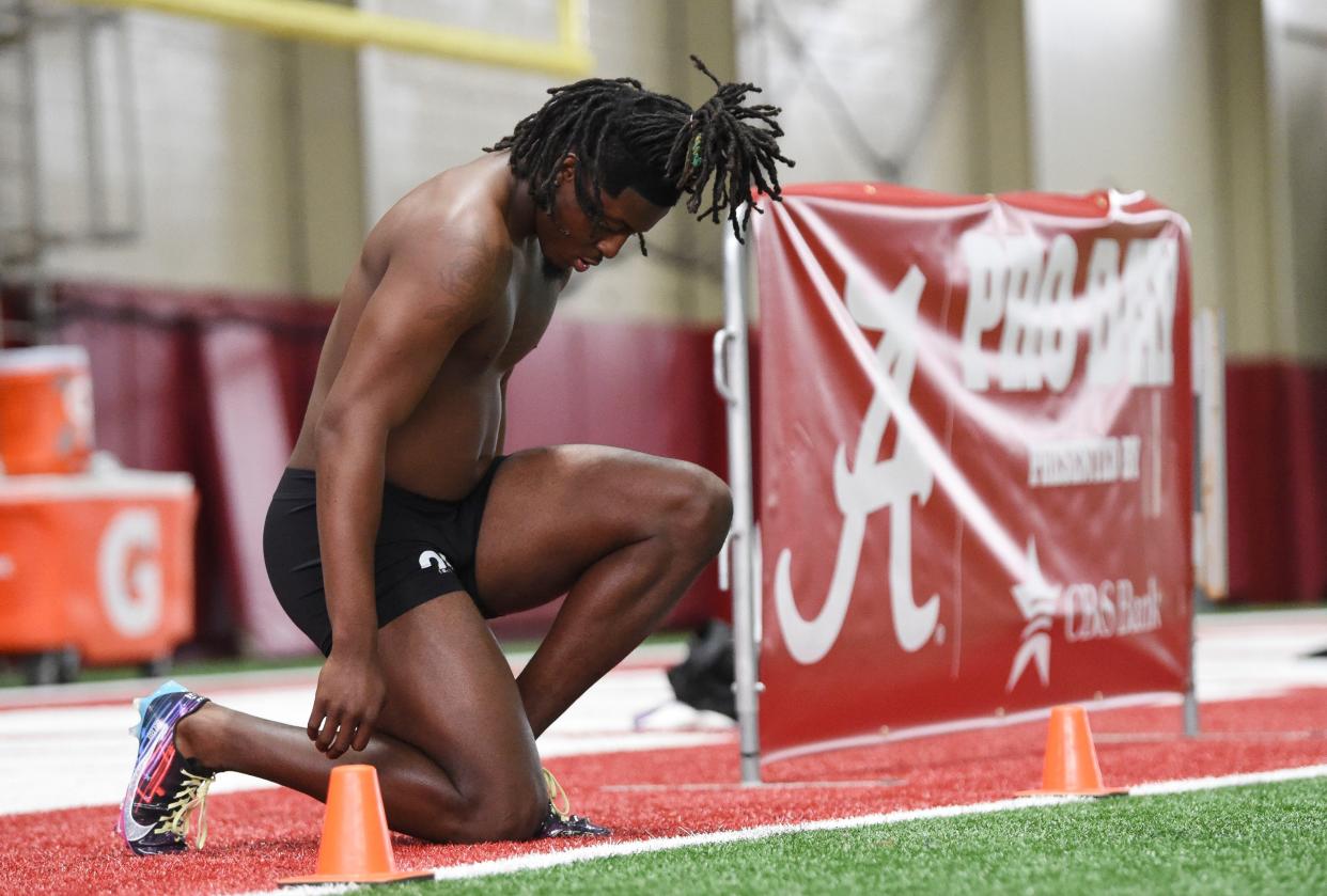 Mar 20, 2024; Tuscaloosa, Alabama, USA; Alabama defensive back Kool-Aid McKinstry prepares himself for the 40 yard dash at the Hank Crisp Indoor Practice Facility during the University of Alabama’s Pro Day.