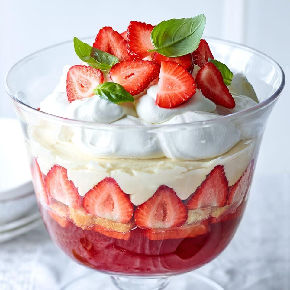 <p>Sweet juicy strawberries and fragrant basil are a subtle yet winning pairing, and a splash of gin brings a grown-up edge to this crowd-pleasing dessert.</p><p><strong>Recipe: <a href="https://www.goodhousekeeping.com/uk/food/recipes/a569324/strawberry-gin-and-basil-trifle/" rel="nofollow noopener" target="_blank" data-ylk="slk:Strawberry, Gin and Basil Trifle;elm:context_link;itc:0;sec:content-canvas" class="link ">Strawberry, Gin and Basil Trifle</a></strong></p>