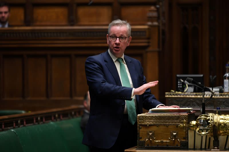 FILE PHOTO: Britain's Chancellor of the Duchy of Lancaster Michael Gove speaks at the House of Commons in London