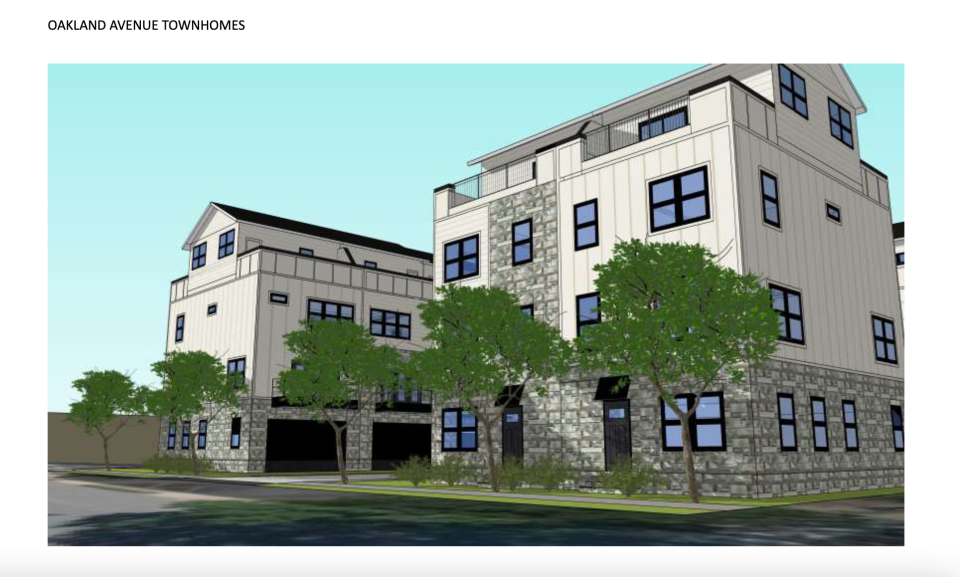Rendering of the Oakland Avenue townhomes to be located at the corner of Oakland Avenue and E. St. John Street in downtown Spartanburg.