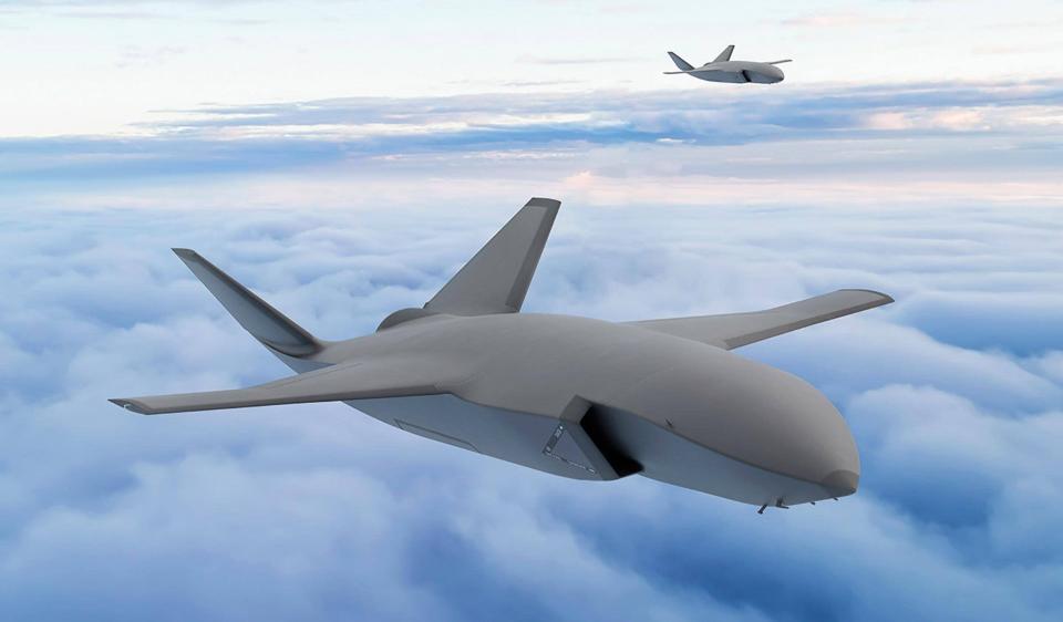 Boeing artwork depicting a pair of MQ-28 Ghost Bat drones, or variants or derivatives thereof. The MQ-28, originally developed for the Royal Australian Air Force, is another design that could compete in the Air Force's CCA competition. <em>Boeing</em>
