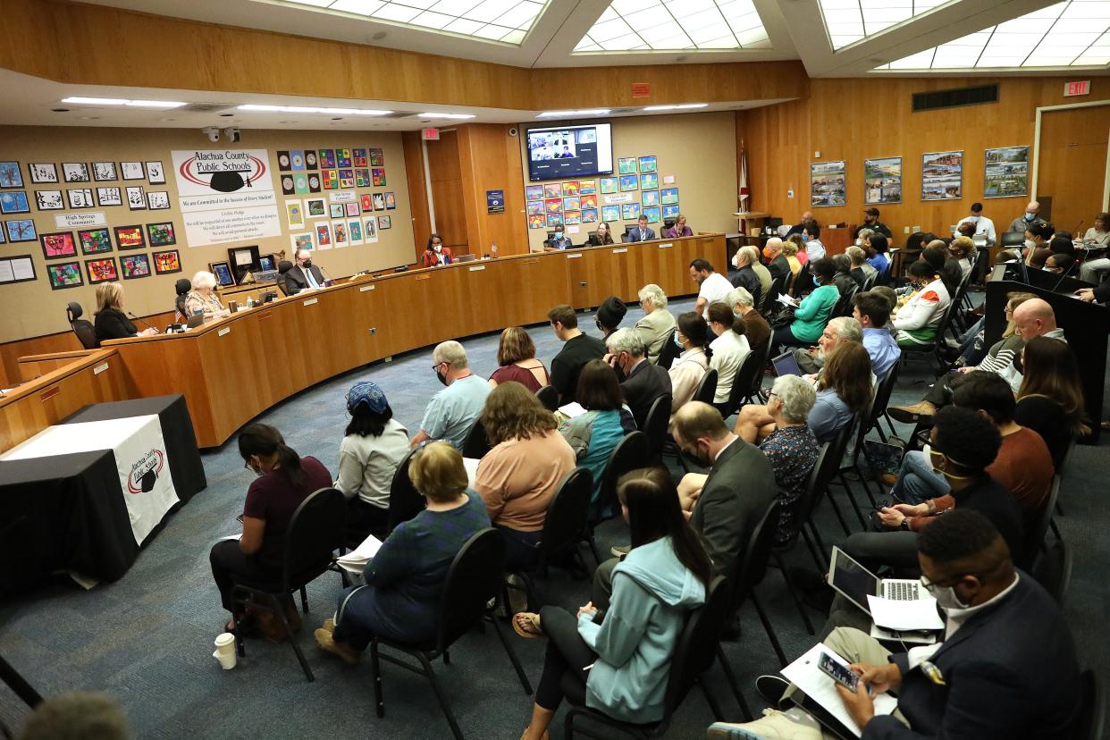 The room was full as the Alachua County School Board meets to takes up a motion to terminate the contract os school superintendent Carlee Simon, during a meeting at the school board headquarters in Gainesville, March 1, 2022.