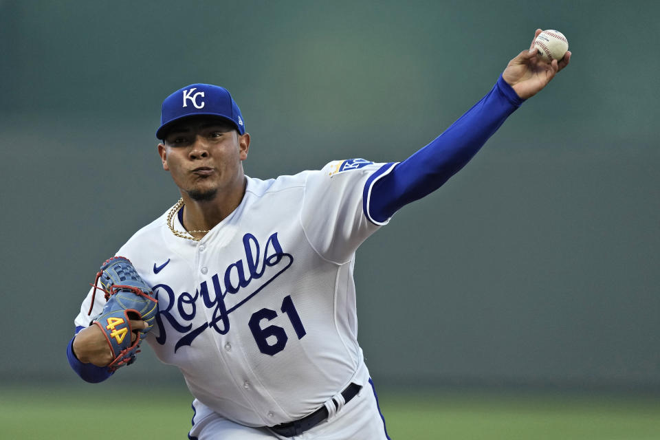 Kansas City Royals starting pitcher Angel Zerpa throws during the first inning of a baseball game against the Pittsburgh Pirates Wednesday, Aug. 30, 2023, in Kansas City, Mo. (AP Photo/Charlie Riedel)