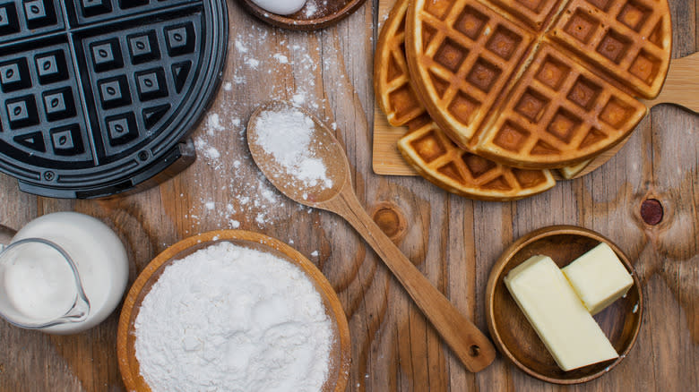 Ingredients, waffles and waffle iron