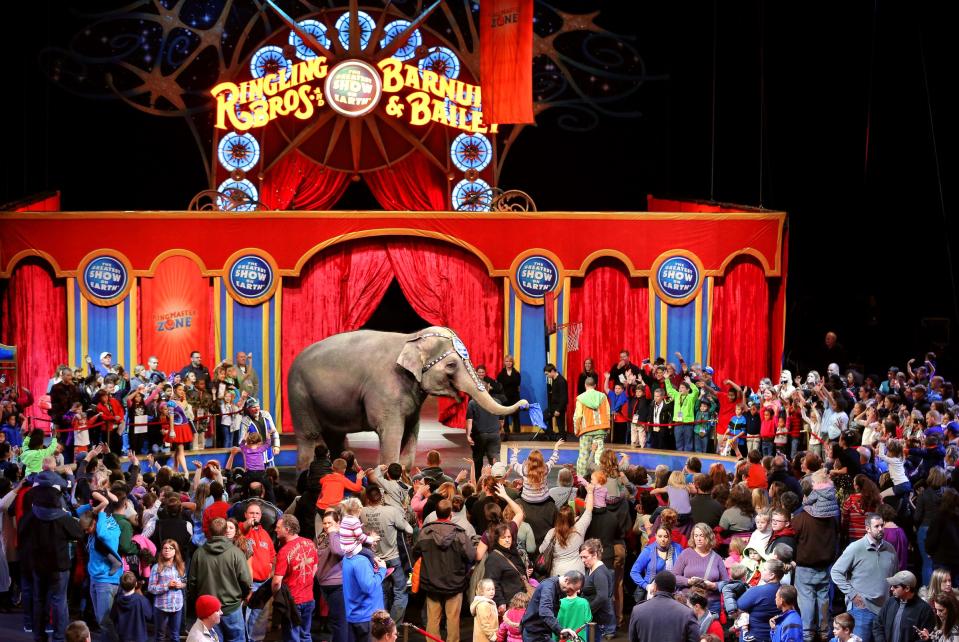 Circus star "Kelly Ann" the elephant waves goodbye to the kids at the end of the All Access-Pre-show that offered floor access to the ultimate circus fan experience before the start of the Ringling Bros and Barnum & Bailey show held at Bankers Life Fieldhouse on Friday, Dec. 5, 2014. The circus started Thursday and runs through Sunday, Dec. 7, 2014.