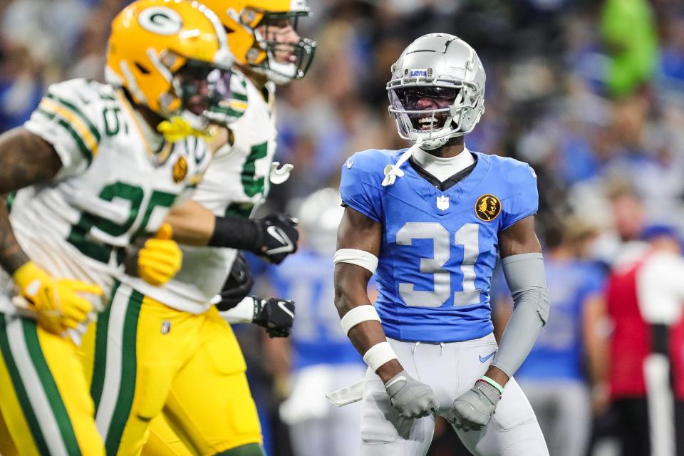 Detroit Lions safety Kerby Joseph celebrates a play against the Green Bay Packers during the second half at Ford Field in Detroit on Thursday, Nov. 23, 2023.