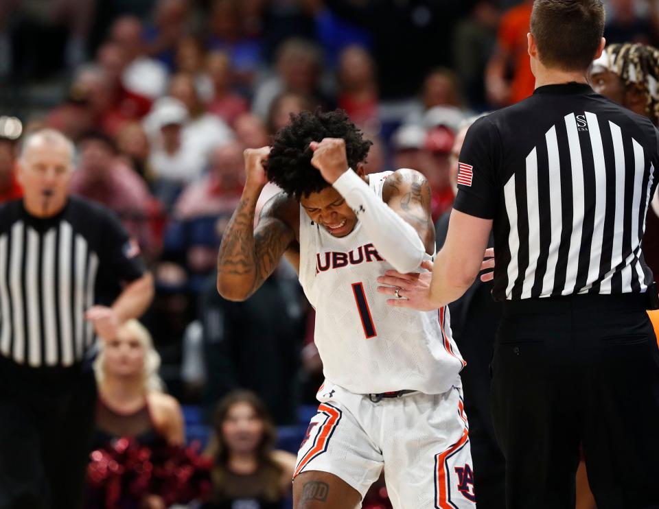 Mar 11, 2022; Tampa, FL, USA;Auburn Tigers guard Wendell Green Jr. (1) reacts against the Texas A&M Aggies  during the second half at Amalie Arena. Mandatory Credit: Kim Klement-USA TODAY Sports