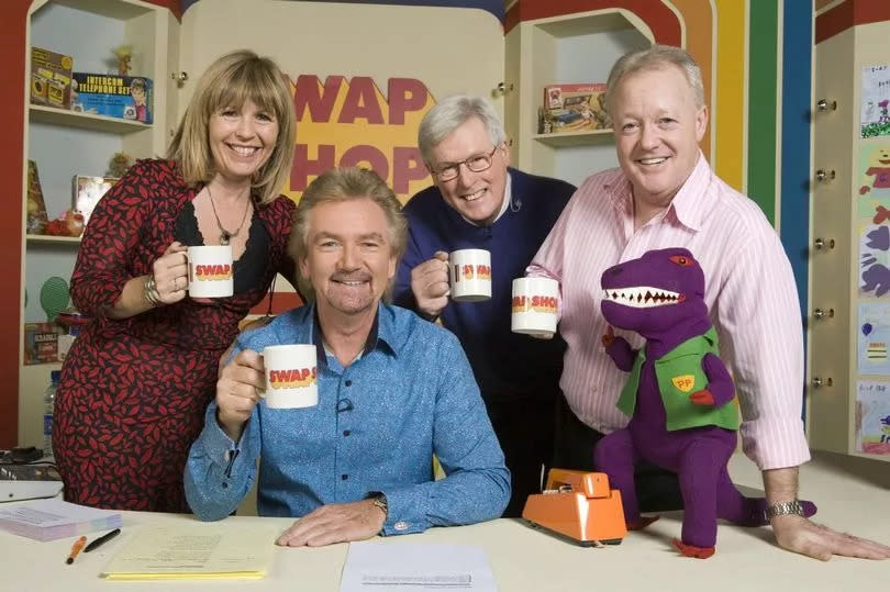 Maggie Philbin, Noel Edmonds, John Craven, Keith Chegwin and Posh Paws the purple dinosaur reunited for a special look back at children's TV favourite Swap Shop
