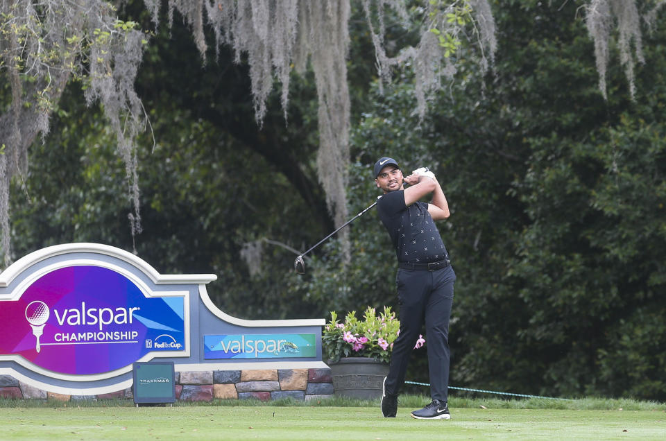 Jason Day drives from the second tee during the first round of the Valspar Championship golf tournament in Palm Harbor, Fla., Thursday, March 21, 2019. (Dirk Shadd/Tampa Bay Times via AP)