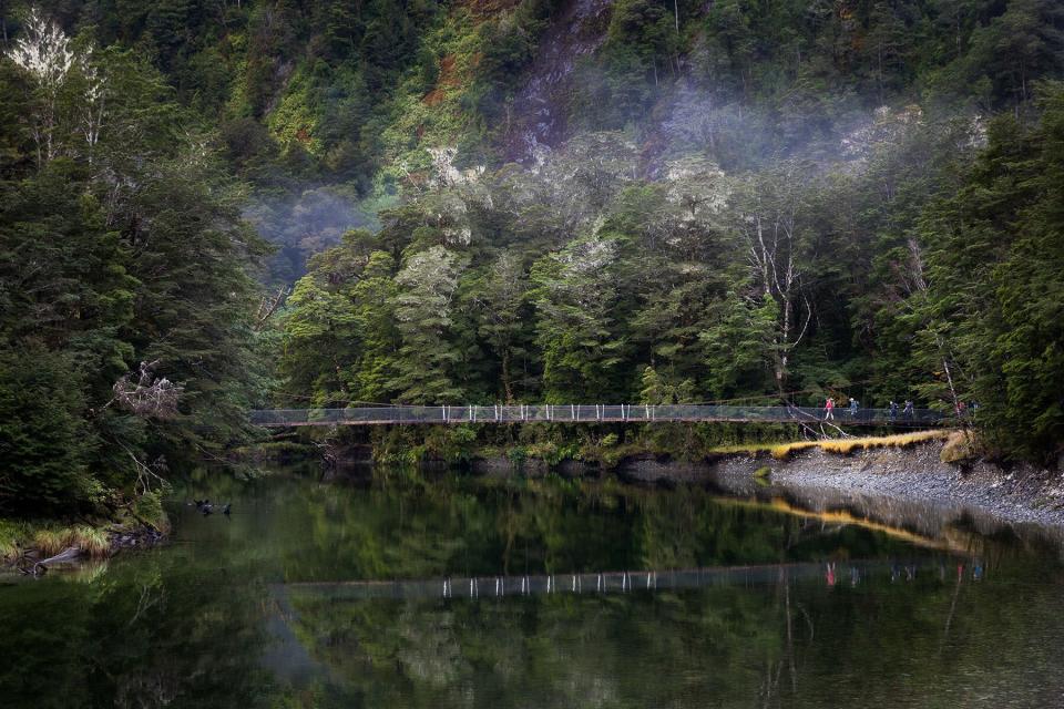 Hikers walking on the Clinton bridge on the Milford Track, on the Great Walks of New Zealand