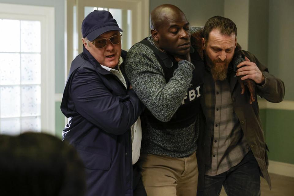 THE BLACKLIST -- "Raymond Reddington (#00): Good Night" Episode 1022 -- Pictured: (l-r) James Spader as Raymond "Red" Reddington, Hisham Tawfiq as Dembe Zuma, Jonathan Holtzman as Chuck