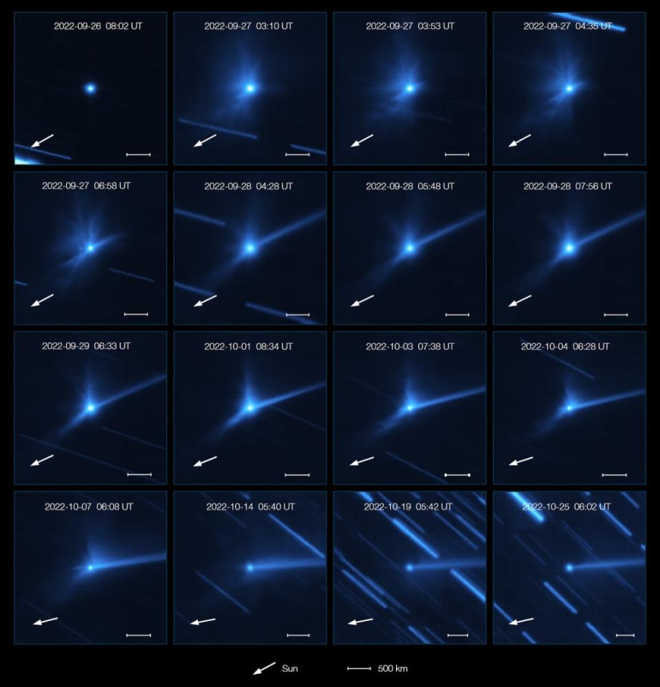 <div class="inline-image__caption"><p>Evolution of the cloud of debris around Dimorphos and Didymos after the DART impact.</p></div> <div class="inline-image__credit">ESO/Opitom et al.</div>