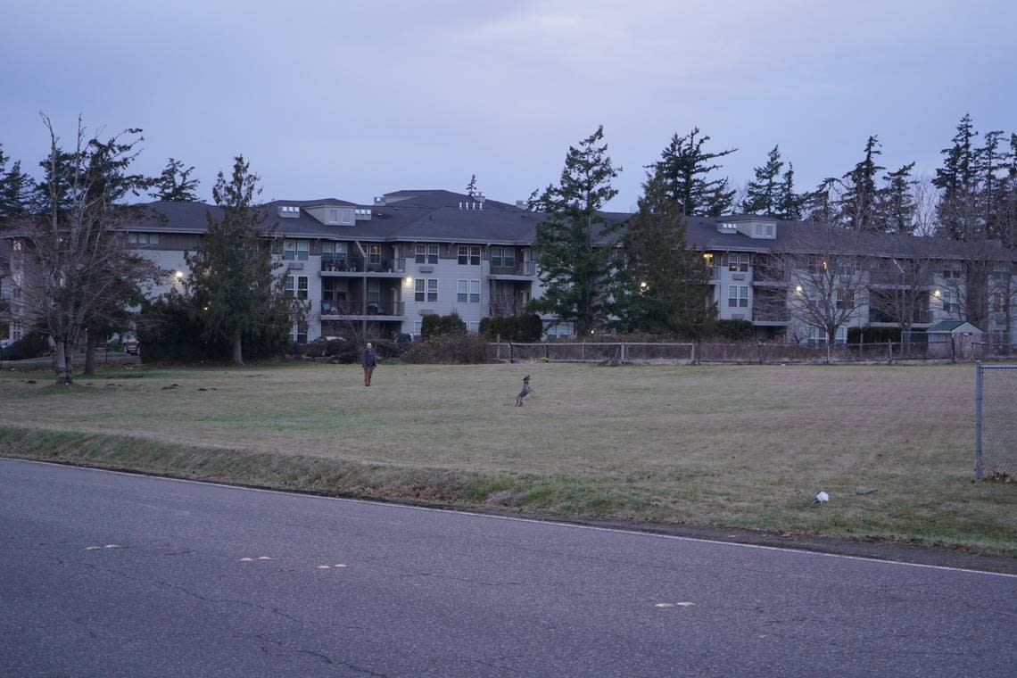 A man plays with his dog Wednesday, Jan. 11, on the empty lot at 325 E. Bellis Fair Parkway in Bellingham. The lot will soon be the site of the 72-unit multifamily Waypointe apartment complex.