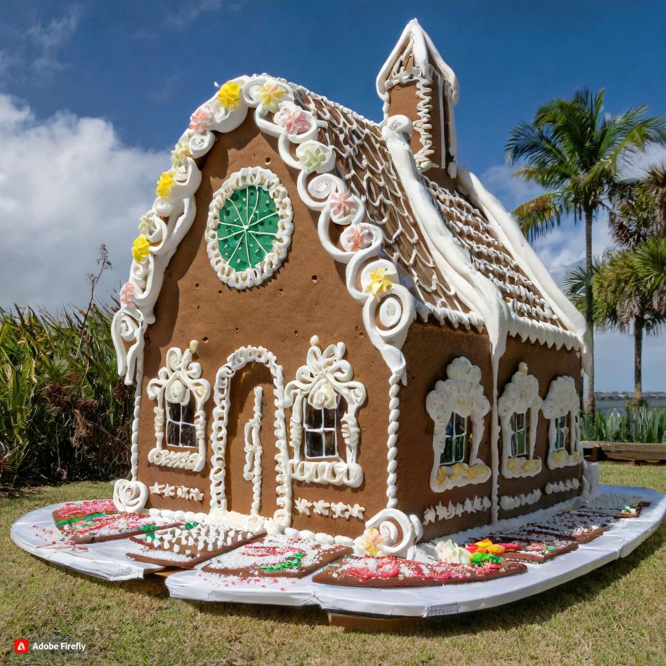 This Floridian Gulf Coast gingerbread house is an AI rendering from Adobe Firefly, inspired by Adobe's 'State Sweets' AI gingerbread house images. Adobe Firefly only uses images that are copyright-free, content with an expired copyright or images from Adobe stock images.