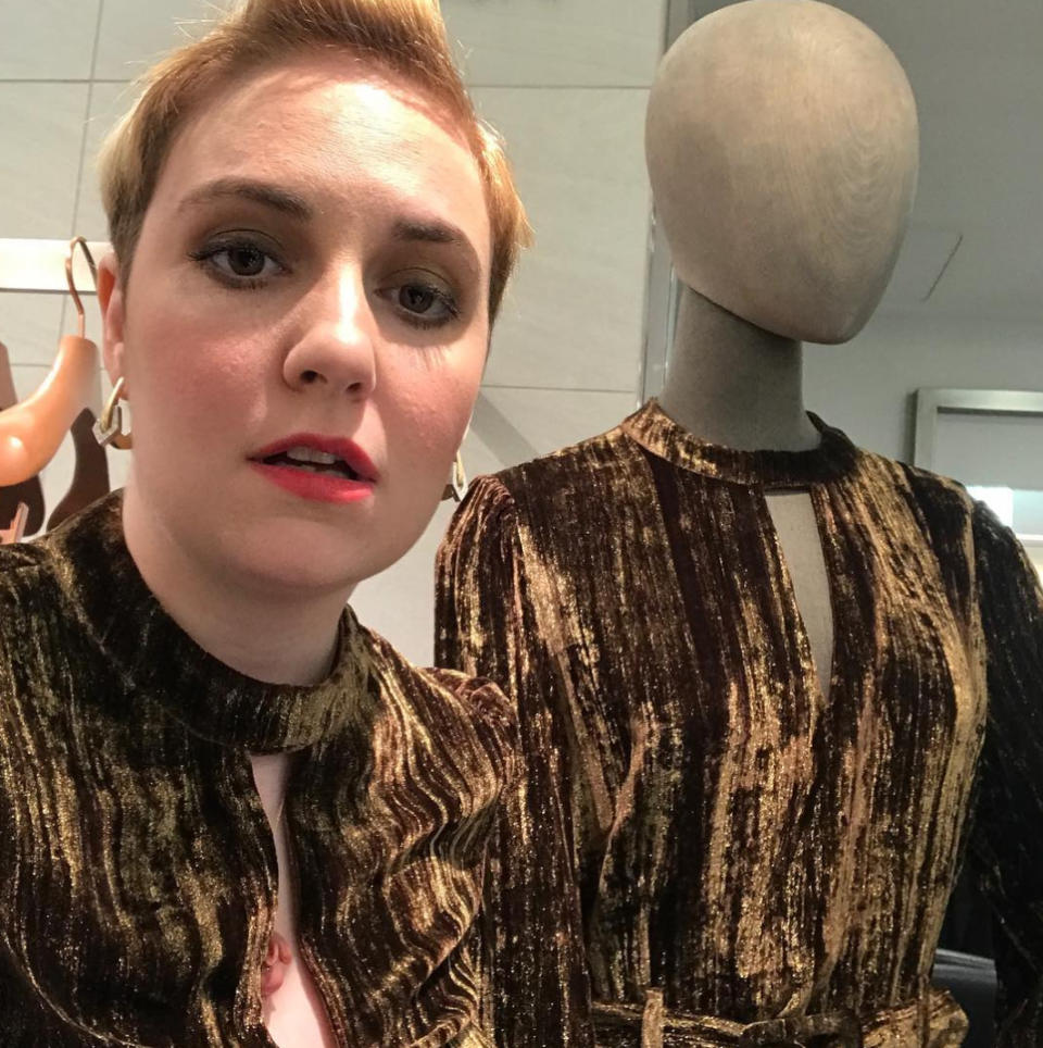 <p>Dunham brought jokes to Bergdorf Goodman in New York City: “When you show up in the same dress sooo embarrassing.” In all seriousness, the <em>Girls</em> creator and star was one of the famous faces in the house to shop the latest looks from the Co brand, with part of the proceeds going to Jessica Seinfeld’s GOOD+ Foundation. (Photo: <a rel="nofollow noopener" href="https://www.instagram.com/p/BZCphK_lFAk/?taken-by=lenadunham" target="_blank" data-ylk="slk:Lena Dunham via Instagram;elm:context_link;itc:0;sec:content-canvas" class="link ">Lena Dunham via Instagram</a>) </p>