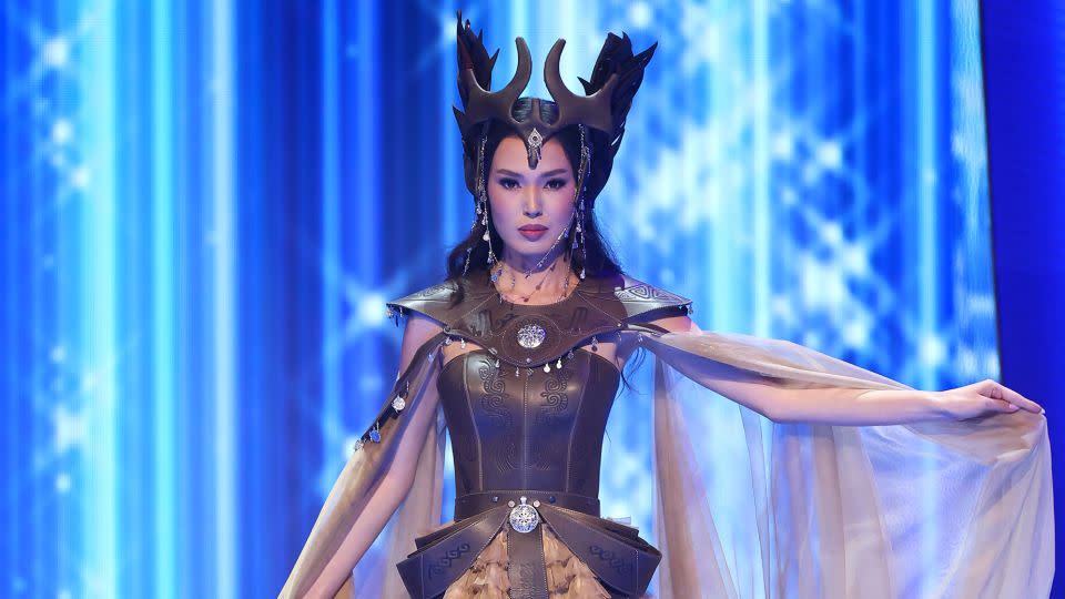 Miss Kazakhstan, meanwhile, dressed up as the ancient warrior queen Tomyris in a gown that balanced sculptural leather corsetry and a dramatic headpiece with delicate ruffles and a sheer cape. - Hector Vivas/Getty Images