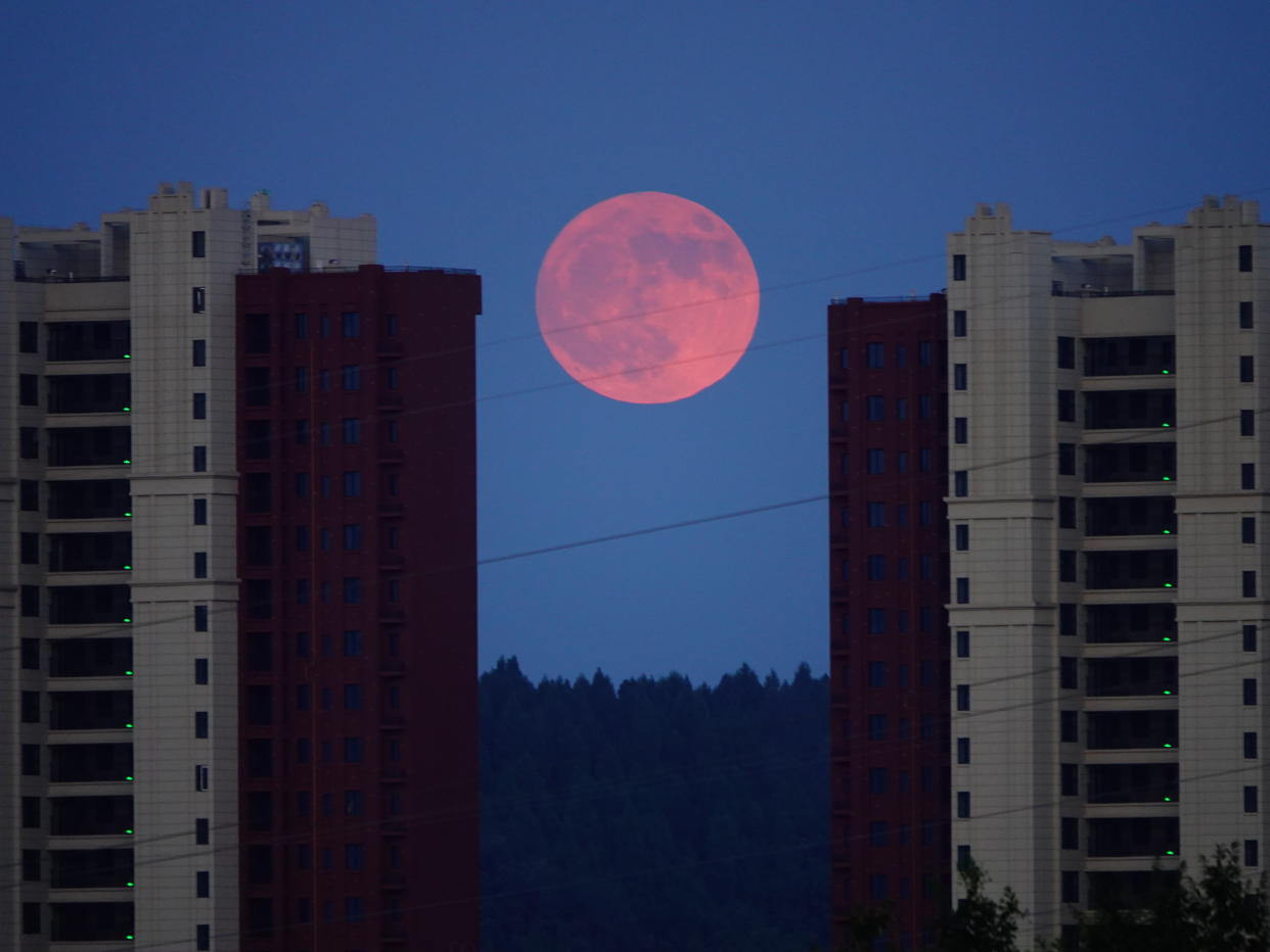 A view of the first supermoon of year as it rises between two buildings on Monday evening in Yichang, China.