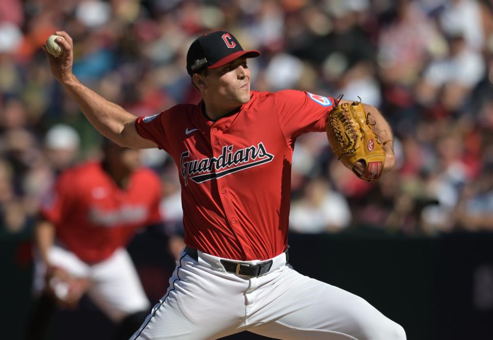 Guardians pitcher Cade Smith throws in the fifth against the Tigers in Game 1 of the ALDS, Oct. 5, 2024, in Cleveland.