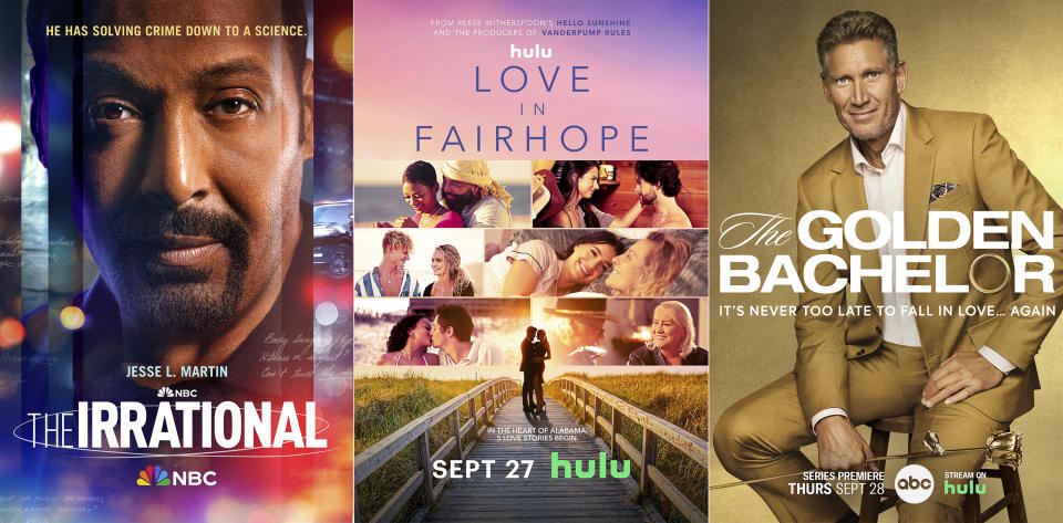 This combination of photos shows promotional art for "The Irrational," premiering Monday, Sept. 25 on NBC, left, "Love in Fairhope," a series premiering Wednesday, Sept. 27 on Hulu, center, and "The Golden Bachelor," premiering Thursday on ABC. (NBC/Hulu/ABC via AP)