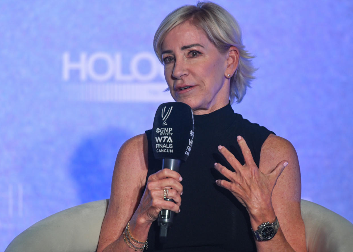 CANCUN, MEXICO - NOVEMBER 2: 
Two former professional tennis players, Martina Navratilova, of Czech Republic/USA and Chris Evert (pictured) of the USA, during a join press conference, on Day 5 of the GNP Seguros WTA Finals Cancun 2023 part of the Hologic WTA Tour, on November 2, 2023, in Cancun, Quintana Roo, Mexico.
Martina Navratilova and Chris Evert comprise one of tennis and sports' most iconic rivalries. Over 15 years from 1973 to 1988, they played 80 matches, 60 of them finals. Navratilova led with 43 wins to Evert's 37 in their head-to-head battles, and she secured 36 victories to Evert's 24 in finals. This enduring rivalry epitomizes tennis excellence in the Open Era. (Photo by Artur Widak/NurPhoto via Getty Images)