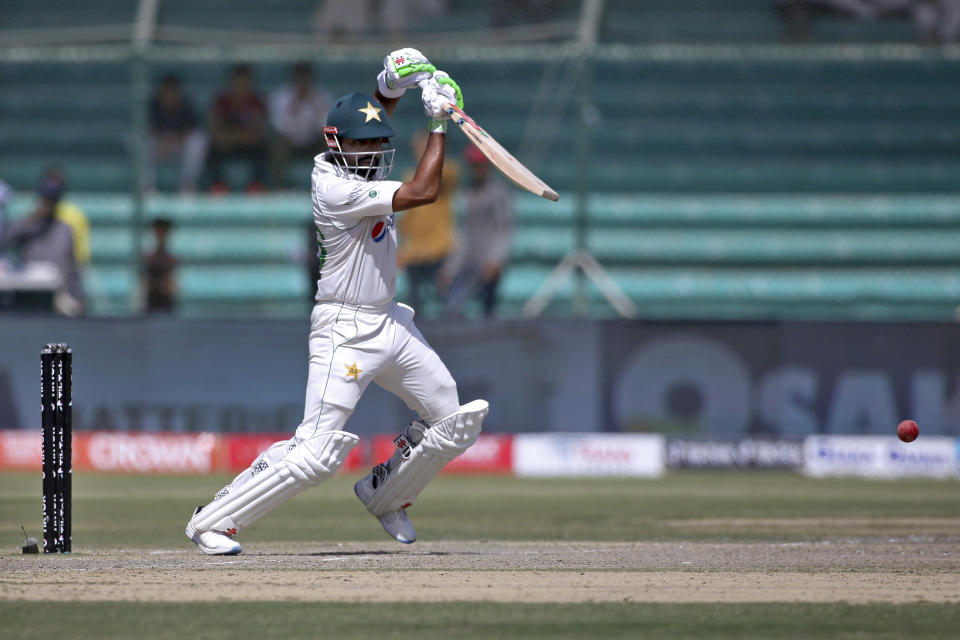 Pakistan's Babar Azam bats on the fifth day of the second test match between Pakistan and Australia at the National Stadium in Karachi Pakistan, Wednesday, March 16, 2022. (AP Photo/Fareed Khan)
