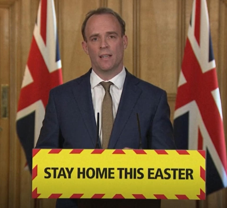 Screen grab of Foreign Secretary Dominic Raab during a media briefing in Downing Street, London, on coronavirus (COVID-19). (Photo by PA Video/PA Images via Getty Images)