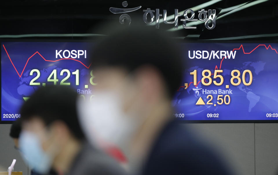 Currency traders watch computer monitors near the screens showing the Korea Composite Stock Price Index (KOSPI), left, and the foreign exchange rate between U.S. dollar and South Korean won at the foreign exchange dealing room in Seoul, South Korea, Friday, Aug. 14, 2020. Asian shares were mixed on Friday as investors studied fresh data out of China showing its recovery remains subdued. (AP Photo/Lee Jin-man)