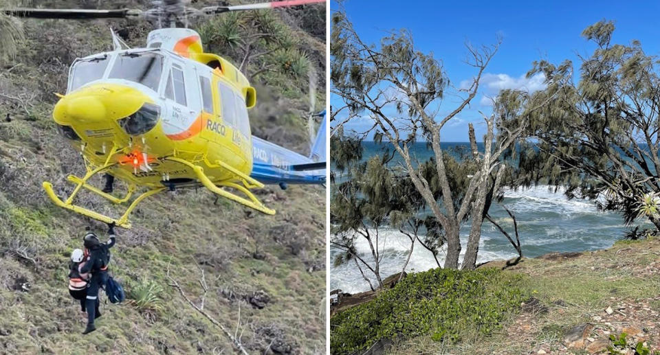 A photo of a woman being airlifted into a medical helicopter by Queensland Ambulance at Sunshine Beach after falling down a cliff.. 