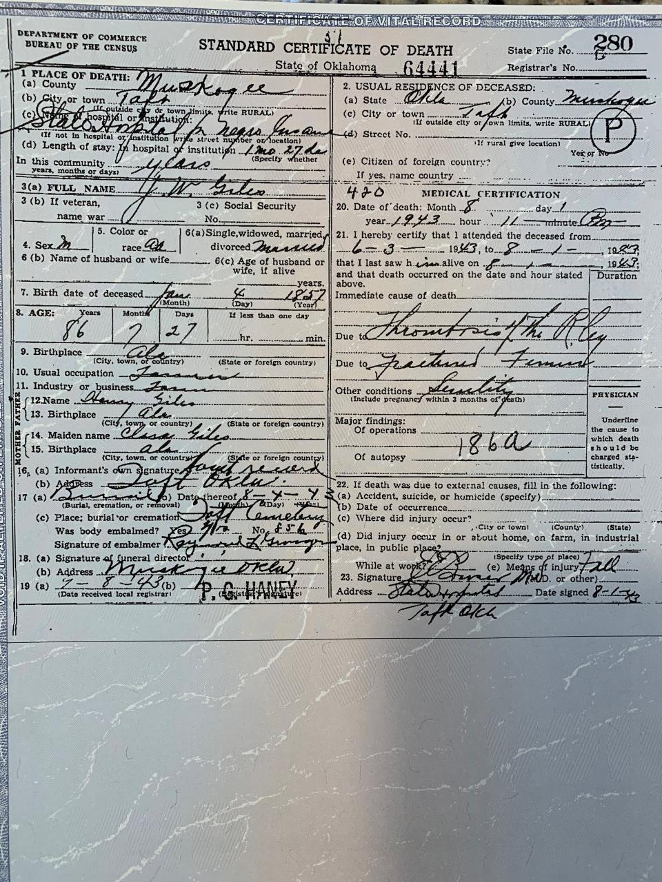 Jackson Giles' death certificate, which states that he died of "thrombosis of the right leg" due to a fractured femur on Aug. 1, 1943. The death certificate also said Giles was born in 1857, though Giles himself told a magazine in 1903 that he was born in 1859.