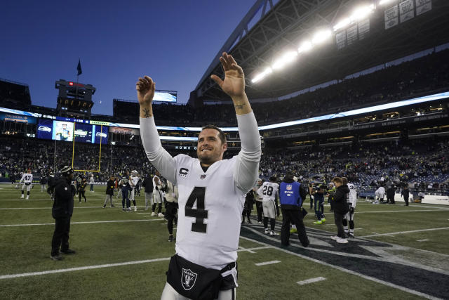 Las Vegas Raiders place kicker Daniel Carlson (2) after kicking field goal  during an NFL football game against the Seattle Seahawks, Sunday, Nov. 27,  2022, in Seattle, WA. The Raiders defeated the