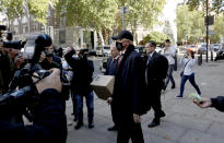 Retired German tennis star Boris Becker leaves Westminster Magistrates Court in London, after being declared bankrupt and accused of not complying with obligations to disclose information, Thursday, Sept. 24, 2020. Becker is being prosecuted by the Insolvency Service. (AP Photo/Matt Dunham)
