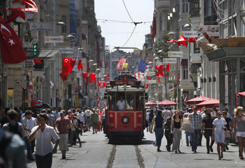 People walk in central Istanbul’s Istiklal Avenue