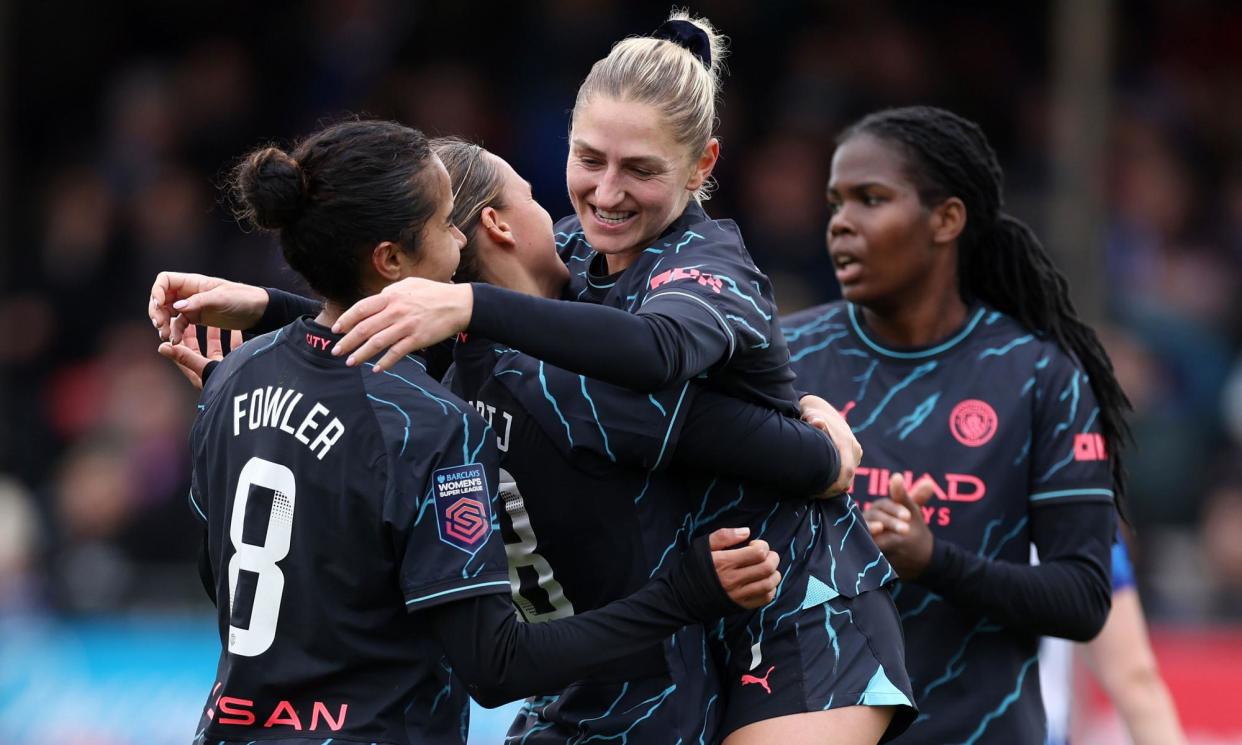 <span>Laura Coombs (centre right), Mary Fowler (left) and Khadija Shaw (right) were all on target for Manchester City.</span><span>Photograph: Steven Paston/PA</span>