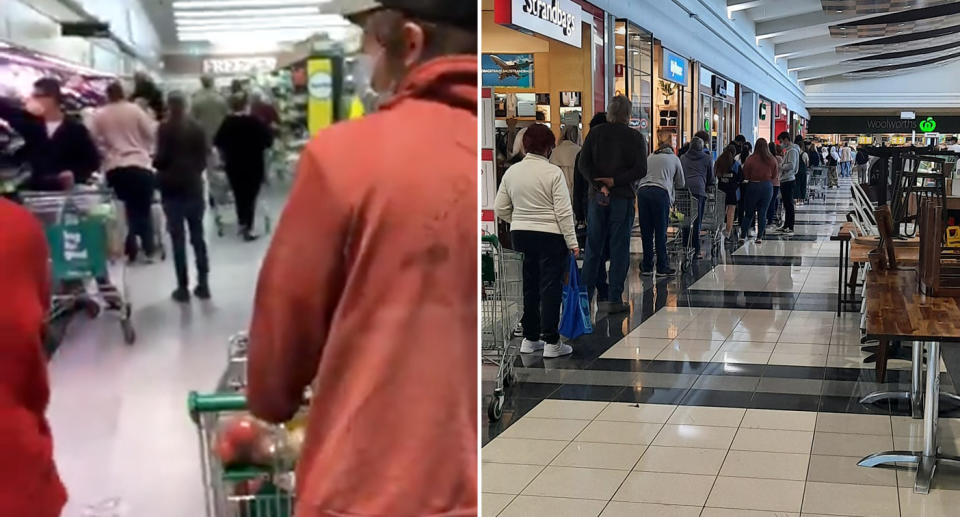 Crowds inside Woolworths Armidale on the left and the long queue outside the supermarket on the right.