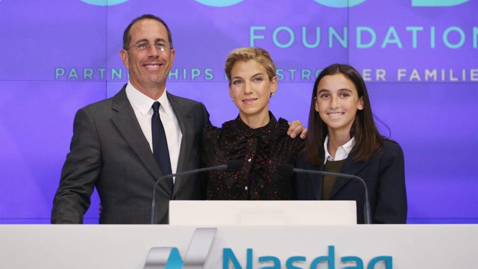 Comedian Jerry Seinfeld, founder/president of GOOD+ Foundation, Jessica Seinfeld and daughter Sascha Seinfeld ring the opening bell at NASDAQ
