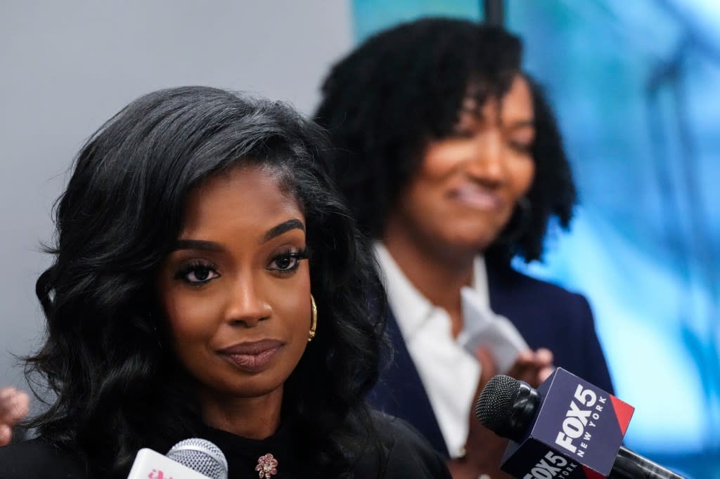 Ayana Parsons, right, and Arian Simone, of Fearless Fund attend a during a news conference Thursday, Aug. 10, 2023, in New York. (AP Photo/Frank Franklin II)