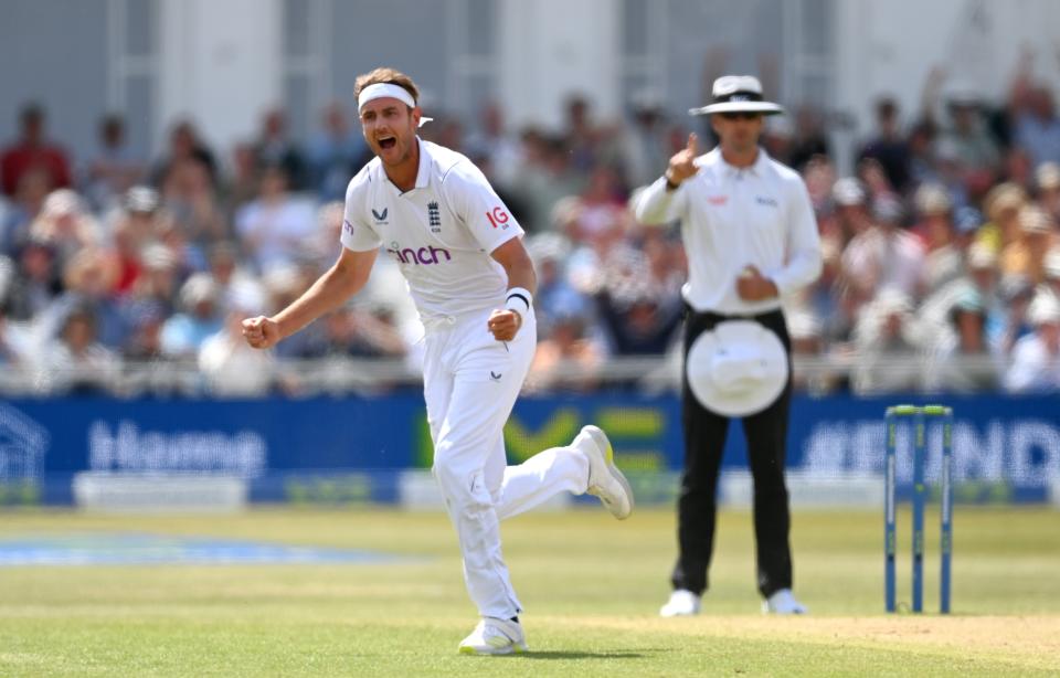 Stuart Broad celebrates taking the wicket of Matt Henry (Getty Images)