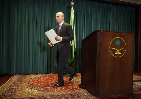 Saudi Ambassador to the United States Adel Al-Jubeir walks from the podium after announcing that Saudi Arabia has carried out air strikes in Yemen against the Houthi militias who have seized control of the nation, during a news conference in Washington March 25, 2015. REUTERS/Joshua Roberts