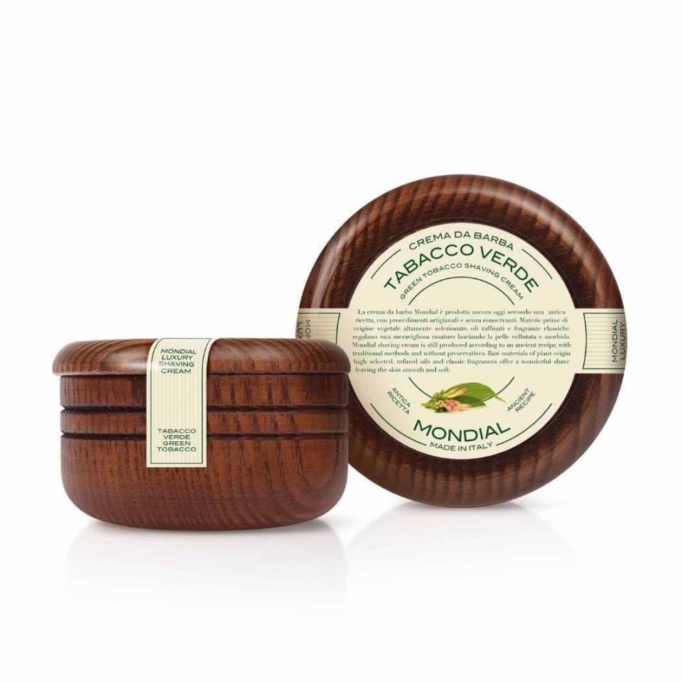 <p><a href="https://mondial1908.com/collections/solid-shaving-creams-in-wood-lathering-bowl/products/green-tobacco-solid-shaving-cream-in-wood-bowl-140ml" rel="nofollow noopener" target="_blank" data-ylk="slk:Shop Now;elm:context_link;itc:0;sec:content-canvas" class="link ">Shop Now</a></p><p>Green Tobacco Shaving Cream in Wood Bowl</p><p>mondial1908.com</p><p>€39.00</p>