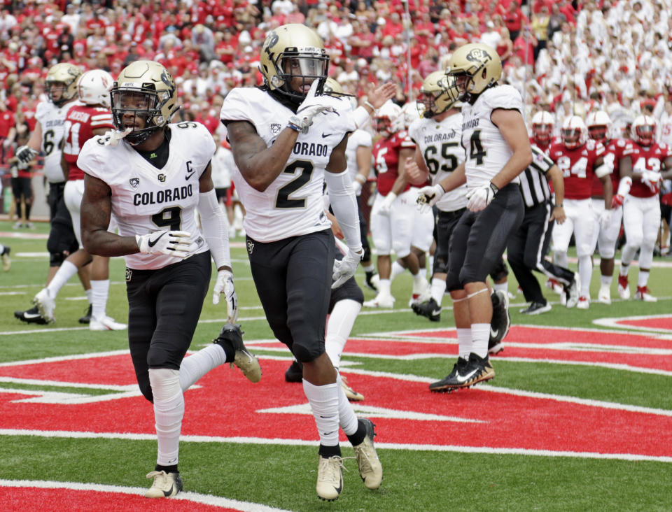 Colorado wide receiver Laviska Shenault Jr. (2) gestures after scoring a touchdown against Nebraska during the first half of an NCAA college football game in Lincoln, Neb., on Sept. 8, 2018. (AP/Nati Harnik)